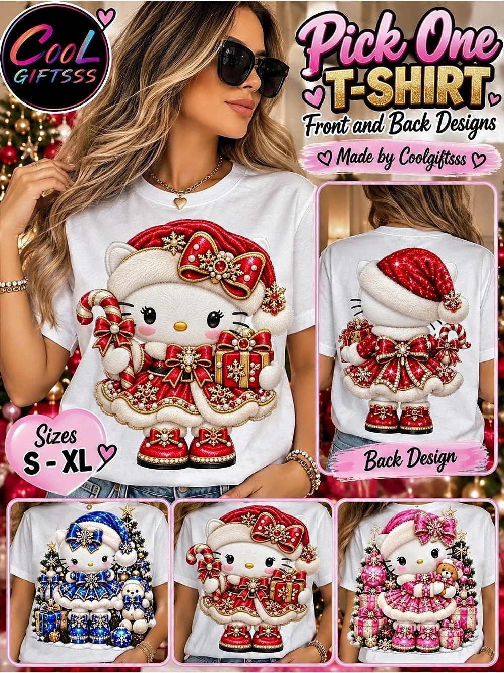 Hello Kitty Holiday Christmas T-Shirt | Faux Embroidery & Faux Rhinestones | Fro